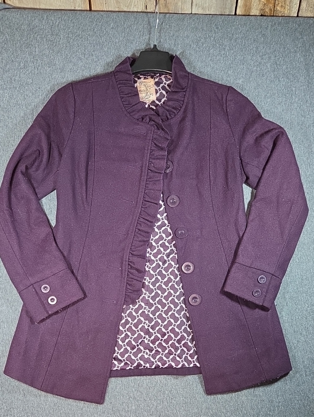 Tulle Plum Ruffle‑Trim Pea Coat